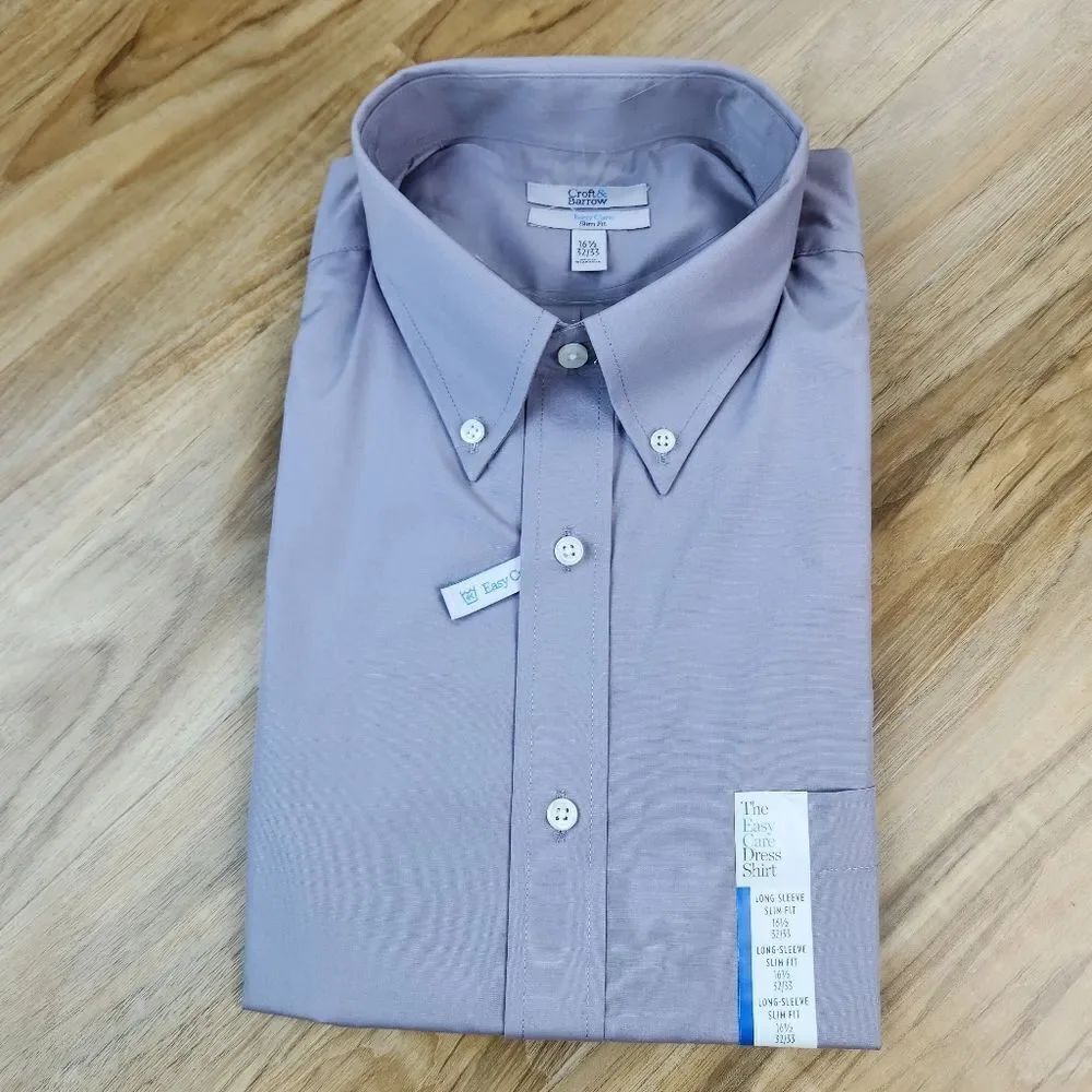 🩵NWT Croft & Barrow Gray Easy Care Slim Fit Buttoned Shirt Neck 16.5